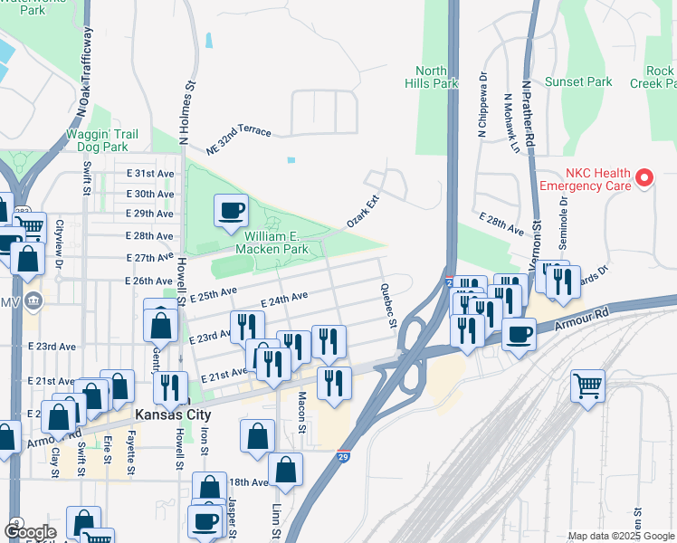map of restaurants, bars, coffee shops, grocery stores, and more near 1422 East 25th Avenue in North Kansas City