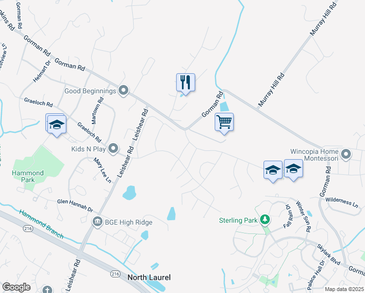 map of restaurants, bars, coffee shops, grocery stores, and more near 7323 Isabella Road in Laurel