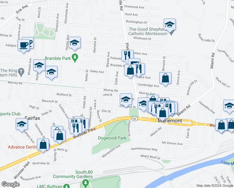 map of restaurants, bars, coffee shops, grocery stores, and more near 6703 Murray Avenue in Cincinnati