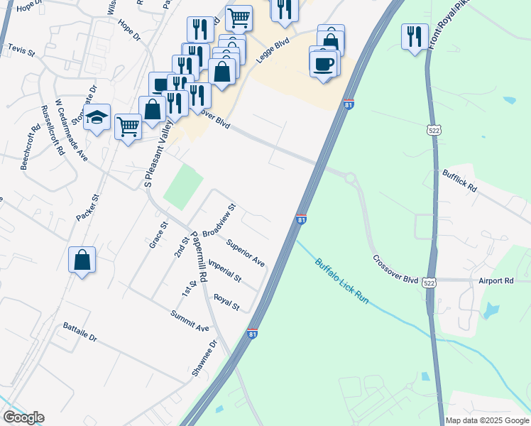 map of restaurants, bars, coffee shops, grocery stores, and more near 408 Longview Avenue in Winchester