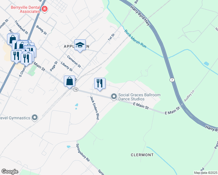 map of restaurants, bars, coffee shops, grocery stores, and more near 9 Bel Voi Drive in Berryville