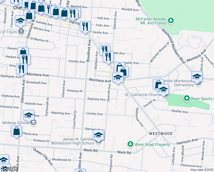 map of restaurants, bars, coffee shops, grocery stores, and more near 3017 Harrison Avenue in Cincinnati