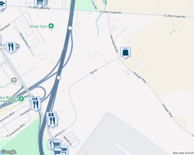 map of restaurants, bars, coffee shops, grocery stores, and more near 101 5th Street in Dover