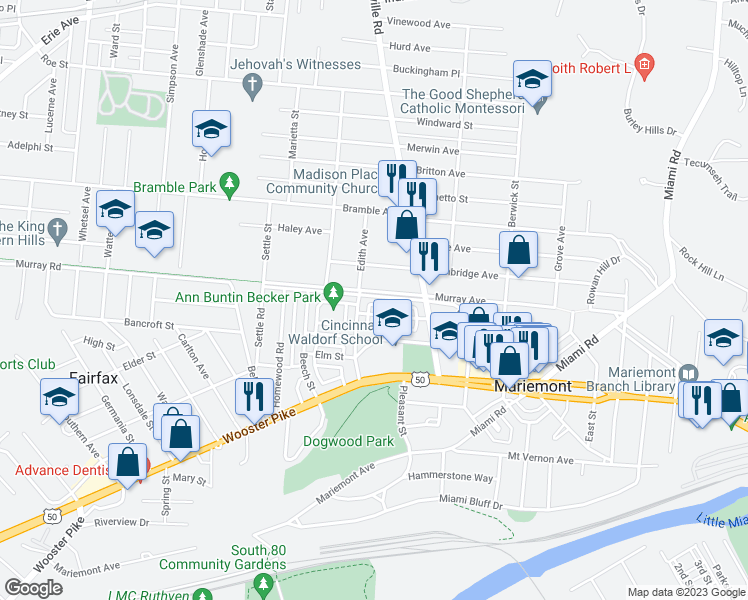 map of restaurants, bars, coffee shops, grocery stores, and more near 6707 Murray Avenue in Cincinnati