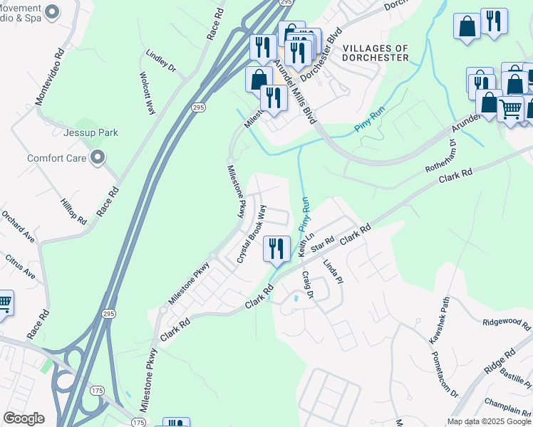 map of restaurants, bars, coffee shops, grocery stores, and more near 7751 Crystal Brook Way in Hanover
