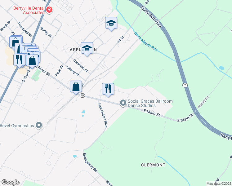map of restaurants, bars, coffee shops, grocery stores, and more near 11 Bel Voi Drive in Berryville
