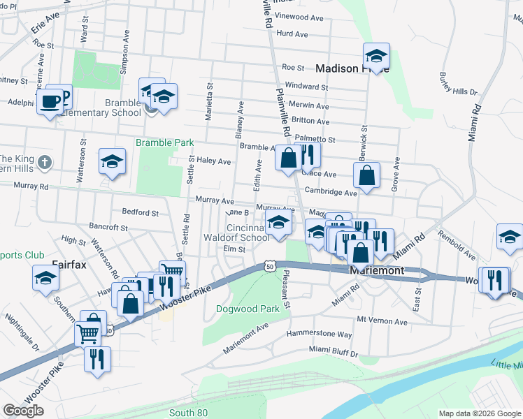 map of restaurants, bars, coffee shops, grocery stores, and more near 6707 Murray Road in Cincinnati