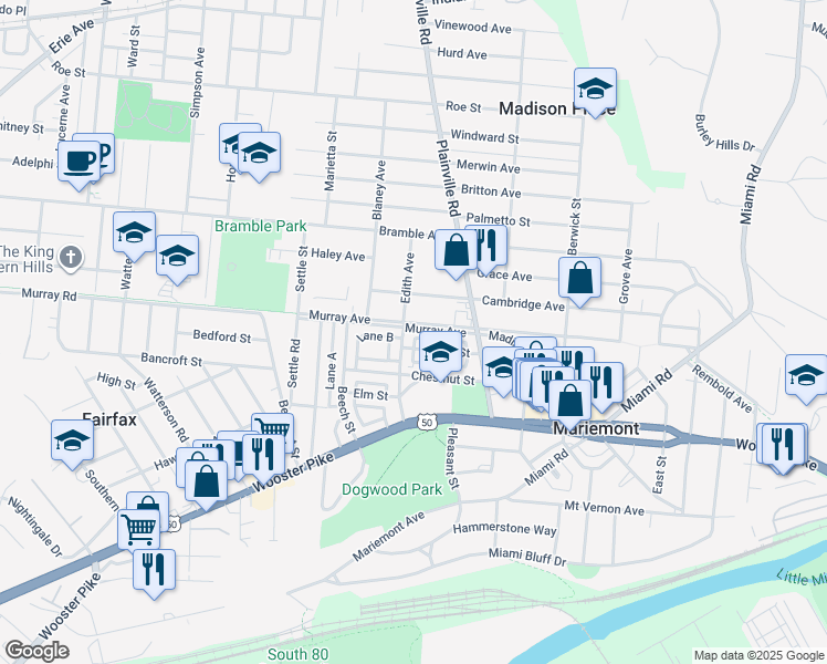 map of restaurants, bars, coffee shops, grocery stores, and more near 6707 Murray Road in Cincinnati