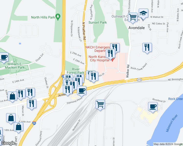 map of restaurants, bars, coffee shops, grocery stores, and more near 2117 East 26th Avenue in North Kansas City