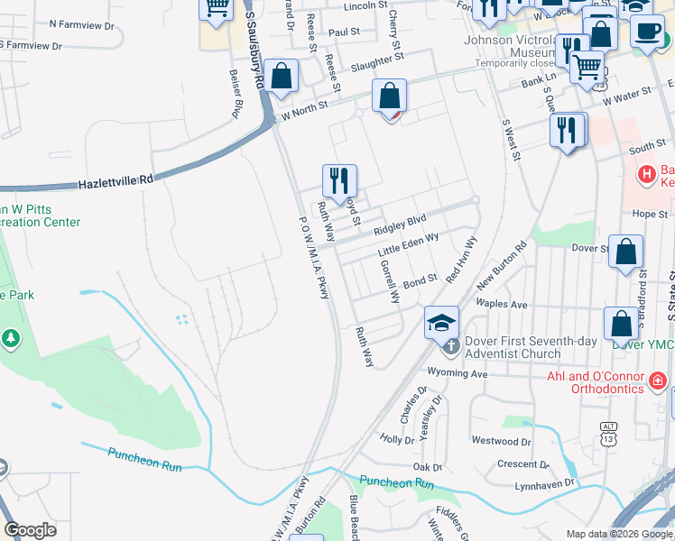map of restaurants, bars, coffee shops, grocery stores, and more near 525 Little Eden Way in Dover