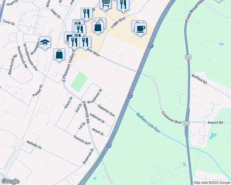 map of restaurants, bars, coffee shops, grocery stores, and more near 408 Longview Avenue in Winchester
