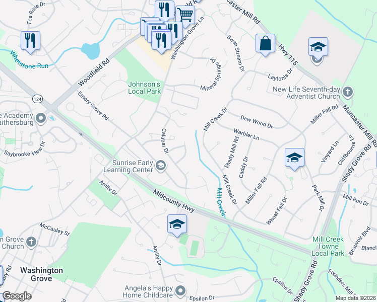 map of restaurants, bars, coffee shops, grocery stores, and more near 17713 Silkcotton Way in Gaithersburg