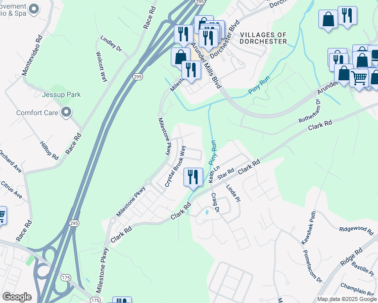 map of restaurants, bars, coffee shops, grocery stores, and more near 2227 Brimstone Place in Hanover