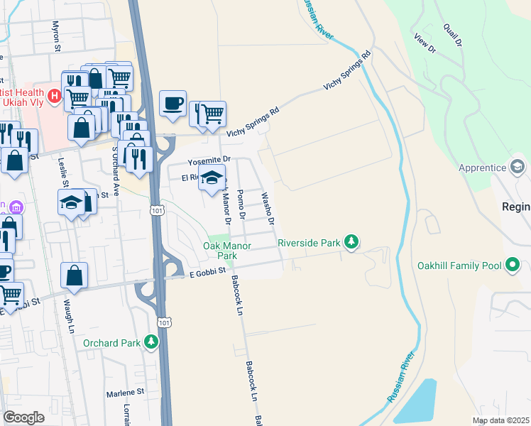 map of restaurants, bars, coffee shops, grocery stores, and more near 440 Washo Drive in Ukiah
