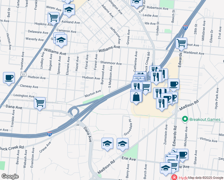 map of restaurants, bars, coffee shops, grocery stores, and more near 3821 South Jefferson Avenue in Norwood