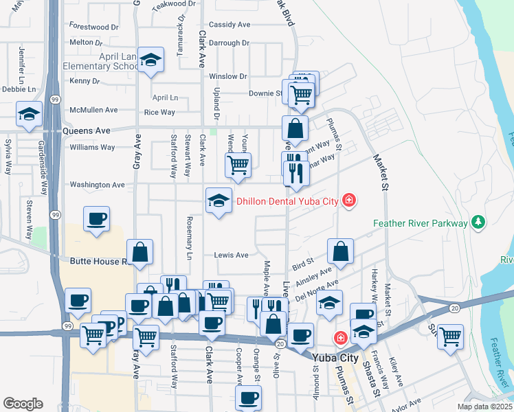 map of restaurants, bars, coffee shops, grocery stores, and more near 579 King Avenue in Yuba City