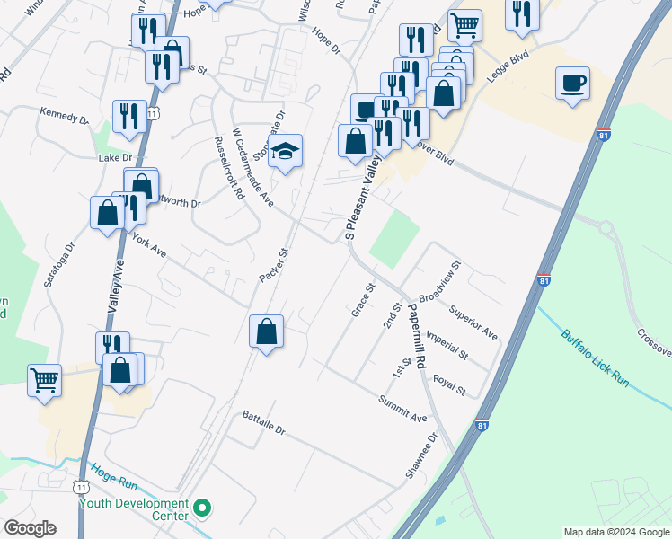 map of restaurants, bars, coffee shops, grocery stores, and more near 2911 South Pleasant Valley Road in Winchester