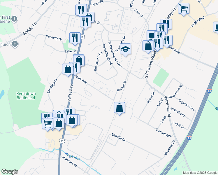 map of restaurants, bars, coffee shops, grocery stores, and more near 2850 Spencer Square in Winchester