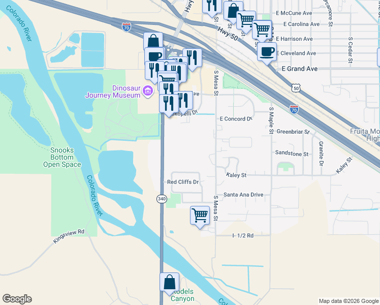 map of restaurants, bars, coffee shops, grocery stores, and more near 700 Colorado 340 in Fruita