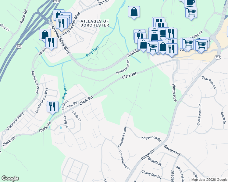 map of restaurants, bars, coffee shops, grocery stores, and more near 7681 Clark Road in Hanover