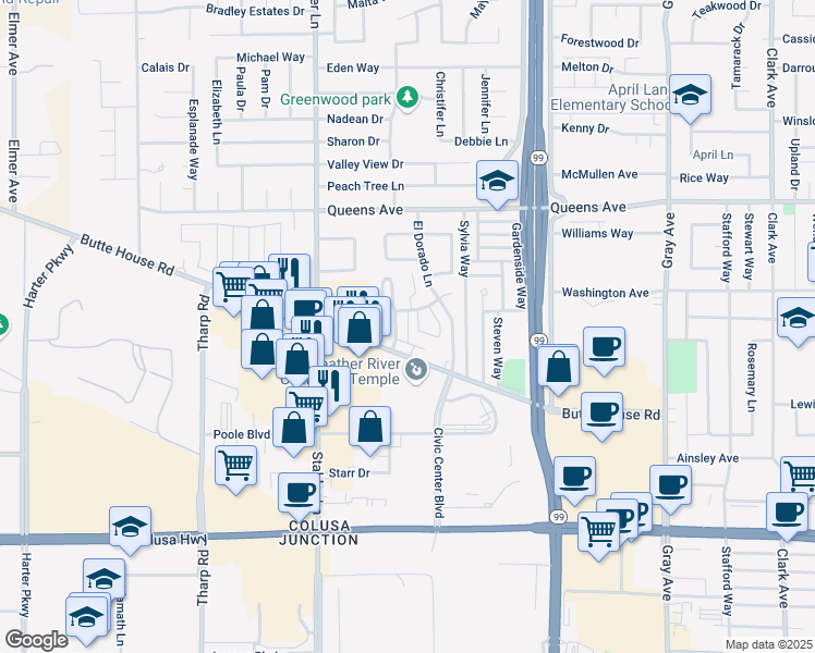 map of restaurants, bars, coffee shops, grocery stores, and more near 1341 Dustin Drive in Yuba City