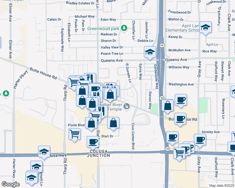map of restaurants, bars, coffee shops, grocery stores, and more near 1341 Dustin Drive in Yuba City