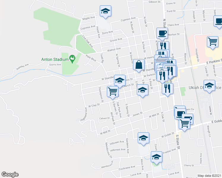 map of restaurants, bars, coffee shops, grocery stores, and more near 995 West Perkins Street in Ukiah