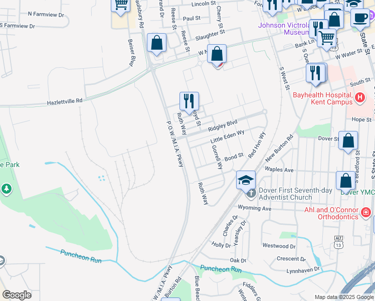 map of restaurants, bars, coffee shops, grocery stores, and more near 525 Little Eden Way in Dover