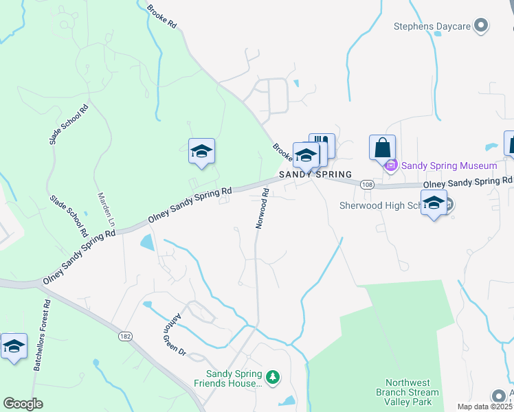map of restaurants, bars, coffee shops, grocery stores, and more near 17734 Norwood Road in Ashton-Sandy Spring