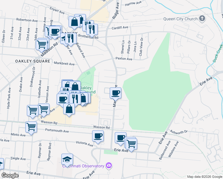 map of restaurants, bars, coffee shops, grocery stores, and more near 3874 Marburg Avenue in Cincinnati