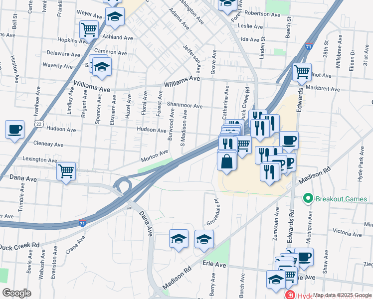 map of restaurants, bars, coffee shops, grocery stores, and more near 3821 South Jefferson Avenue in Norwood