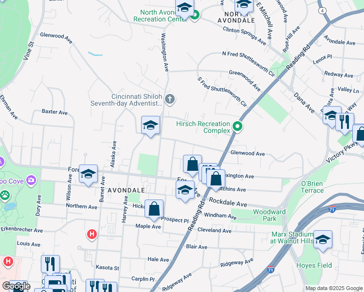 map of restaurants, bars, coffee shops, grocery stores, and more near 3595 Van Antwerp Place in Cincinnati