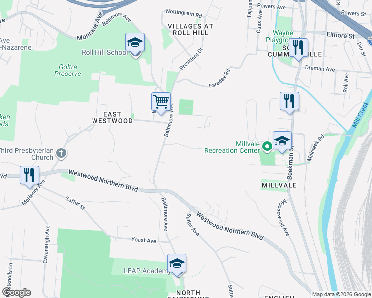 map of restaurants, bars, coffee shops, grocery stores, and more near 2150 Weron Lane in Cincinnati