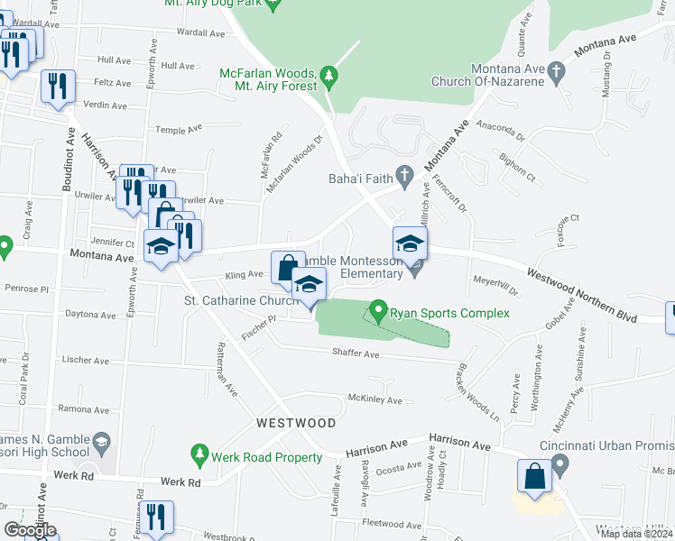 map of restaurants, bars, coffee shops, grocery stores, and more near 3372 Meyer Place in Cincinnati
