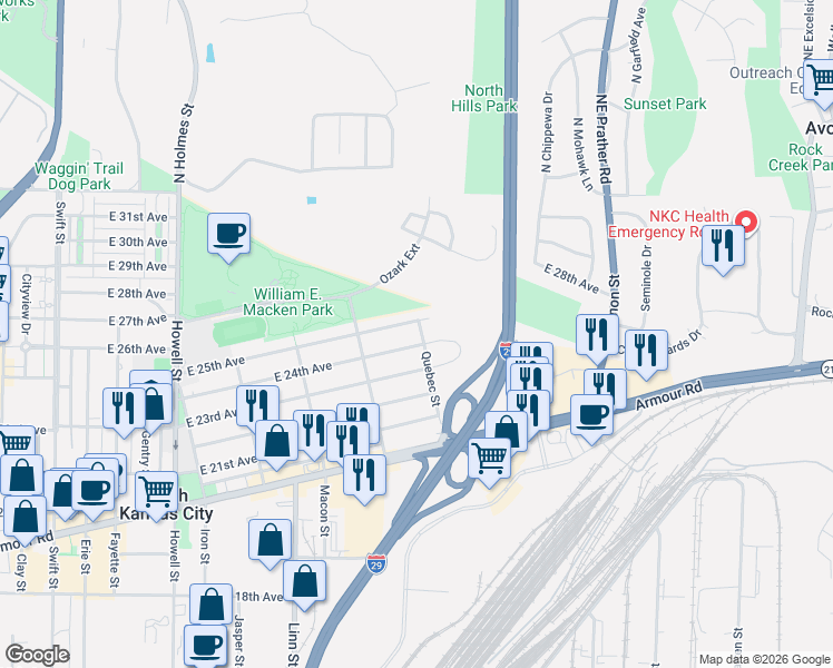 map of restaurants, bars, coffee shops, grocery stores, and more near 1602 Orleans Circle in North Kansas City