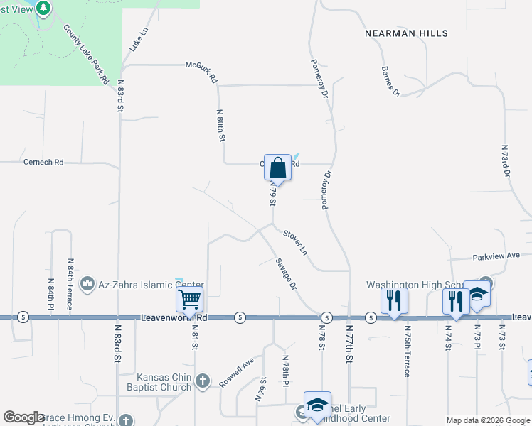 map of restaurants, bars, coffee shops, grocery stores, and more near 3350 North 79 Street in Kansas City