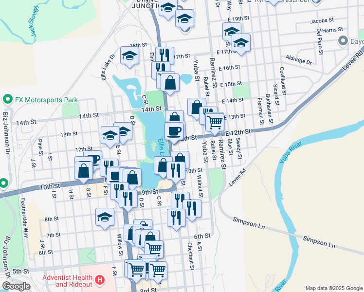 map of restaurants, bars, coffee shops, grocery stores, and more near 240 12th Street in Marysville