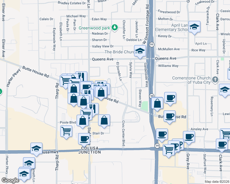 map of restaurants, bars, coffee shops, grocery stores, and more near 1341 Dustin Drive in Yuba City