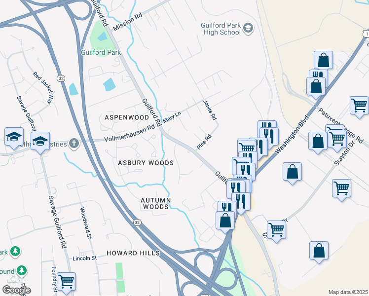 map of restaurants, bars, coffee shops, grocery stores, and more near 10122 Guilford Rd in Jessup