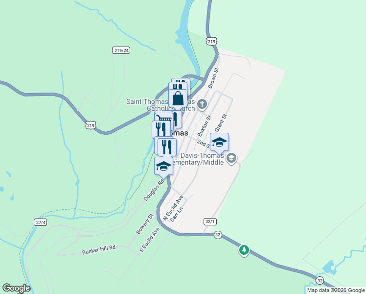 map of restaurants, bars, coffee shops, grocery stores, and more near Bowery Street in Thomas