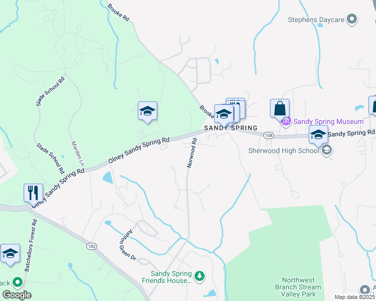 map of restaurants, bars, coffee shops, grocery stores, and more near 17734 Norwood Road in Ashton-Sandy Spring