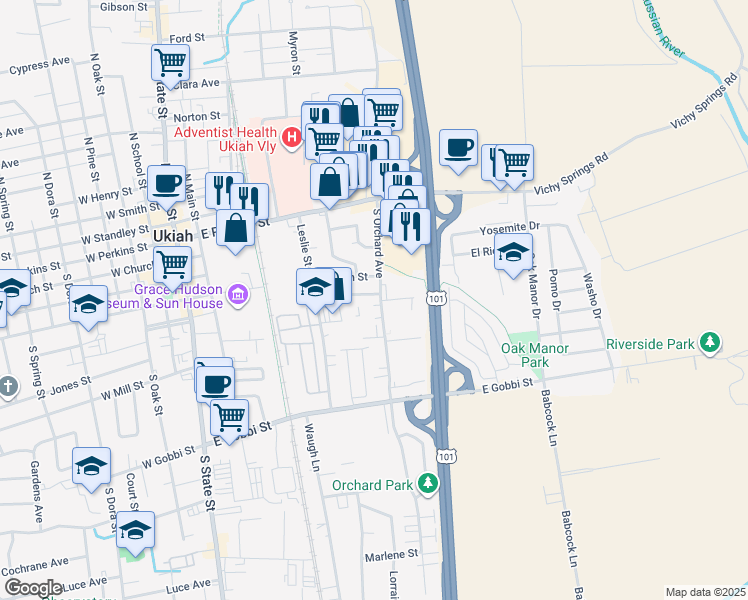 map of restaurants, bars, coffee shops, grocery stores, and more near 599 Plum Street in Ukiah