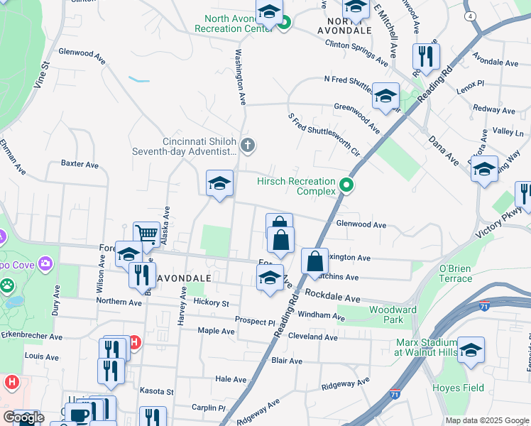 map of restaurants, bars, coffee shops, grocery stores, and more near 3595 Van Antwerp Place in Cincinnati