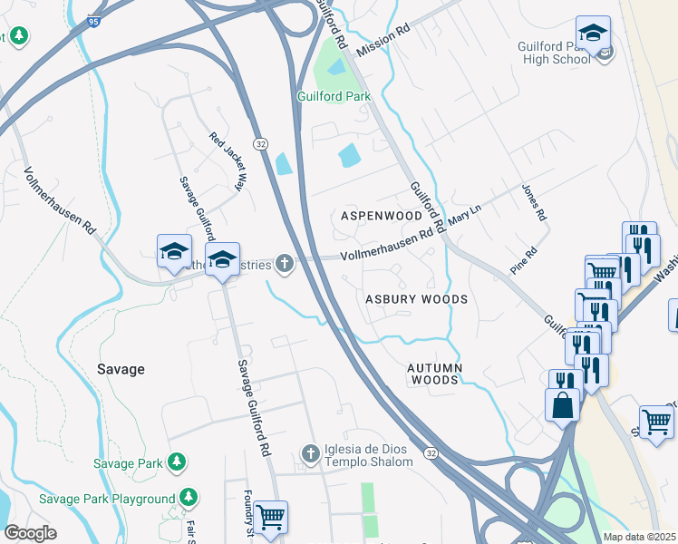 map of restaurants, bars, coffee shops, grocery stores, and more near 8134 Sheffield Court in Jessup