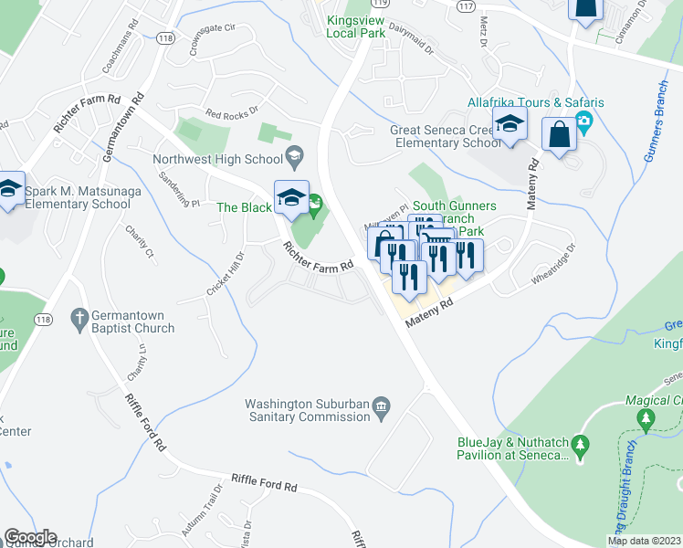 map of restaurants, bars, coffee shops, grocery stores, and more near 17701 Kilmarnock Terrace in Darnestown