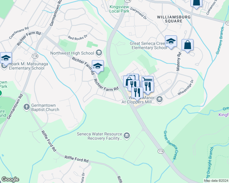 map of restaurants, bars, coffee shops, grocery stores, and more near 17701 Kilmarnock Terrace in Darnestown