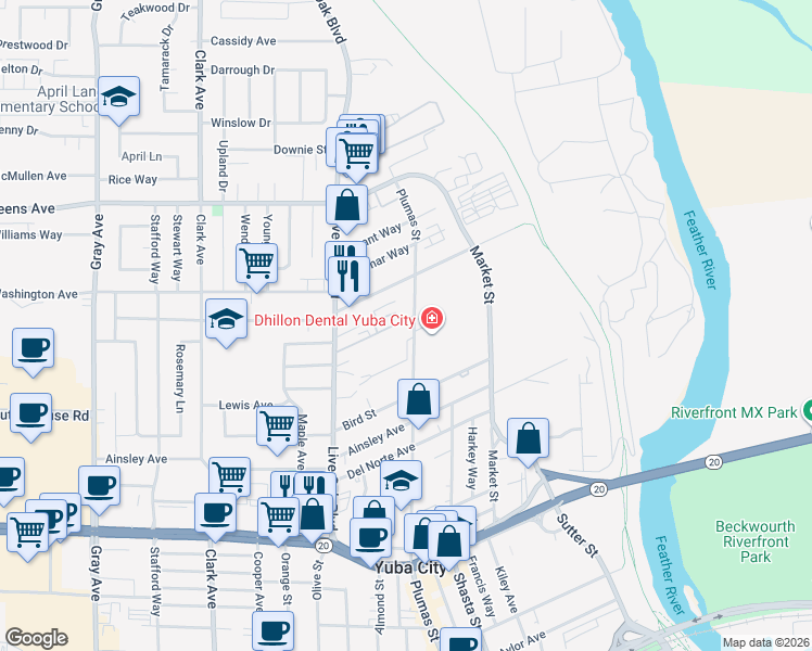 map of restaurants, bars, coffee shops, grocery stores, and more near 1240 Plumas Street in Yuba City