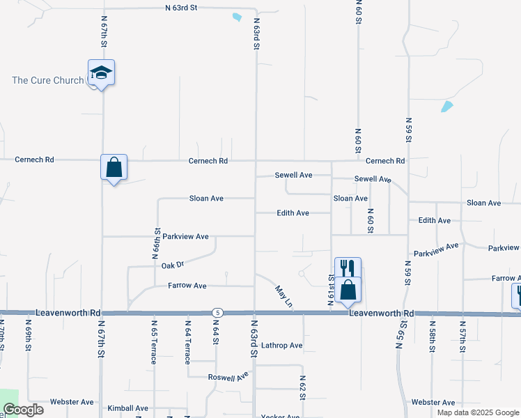 map of restaurants, bars, coffee shops, grocery stores, and more near 3343 North 63rd Street in Kansas City