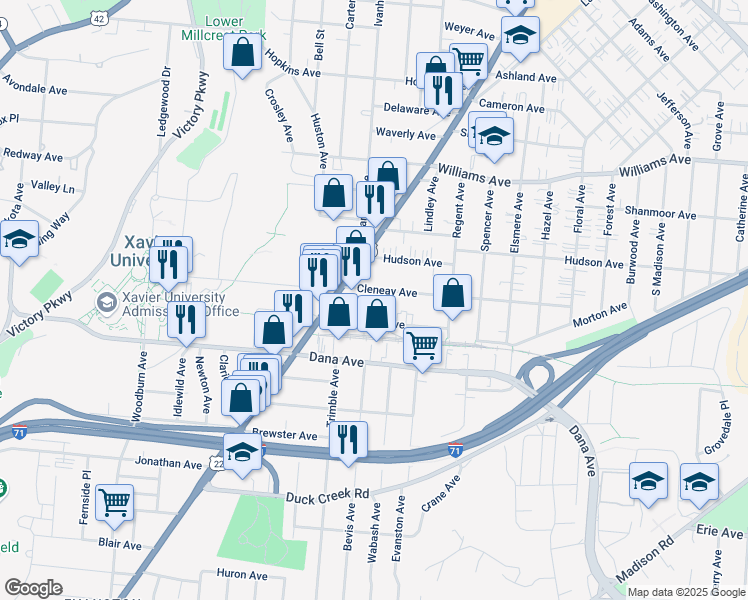 map of restaurants, bars, coffee shops, grocery stores, and more near 1933 Cleneay Avenue in Cincinnati