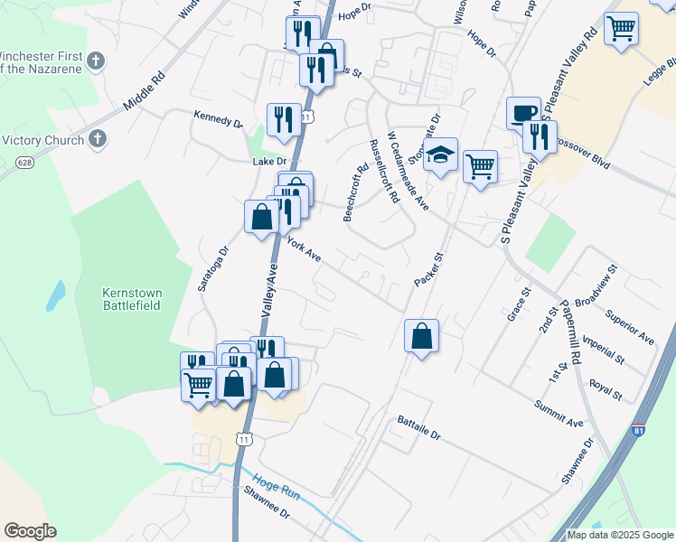 map of restaurants, bars, coffee shops, grocery stores, and more near 599 Yorktowne Place in Winchester